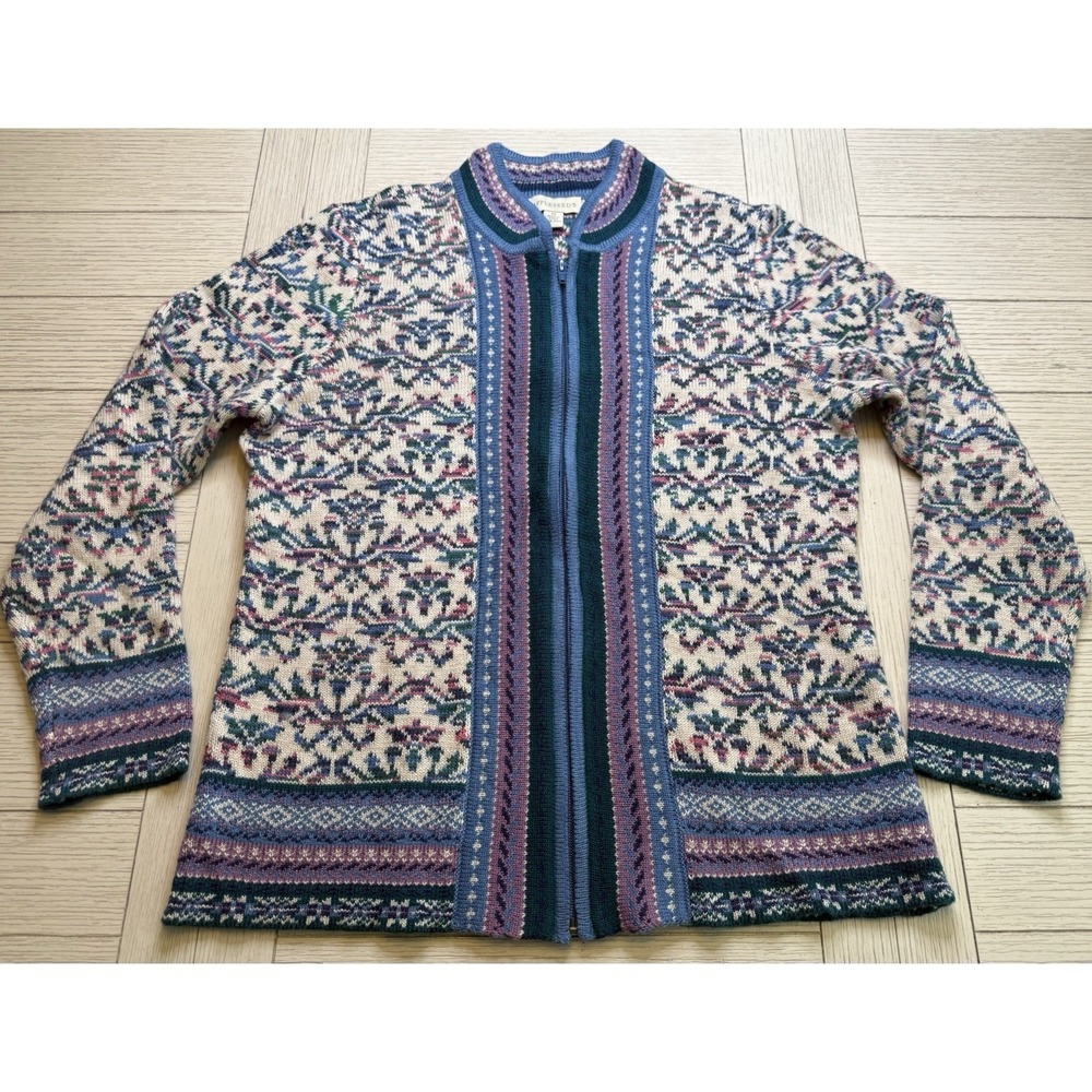 Appleseed's Women M Wool Blend Full Zip Cardigan Nordic Floral Cottage Sweater